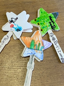 3 of the Clappers after my children had finished their decorations using felt pens. Decoration as described in the paragraph above.