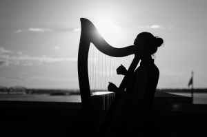 A harpist appears in silhouette against the sky.